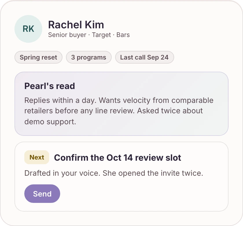 A Target buyer card with Pearl's read and the next move