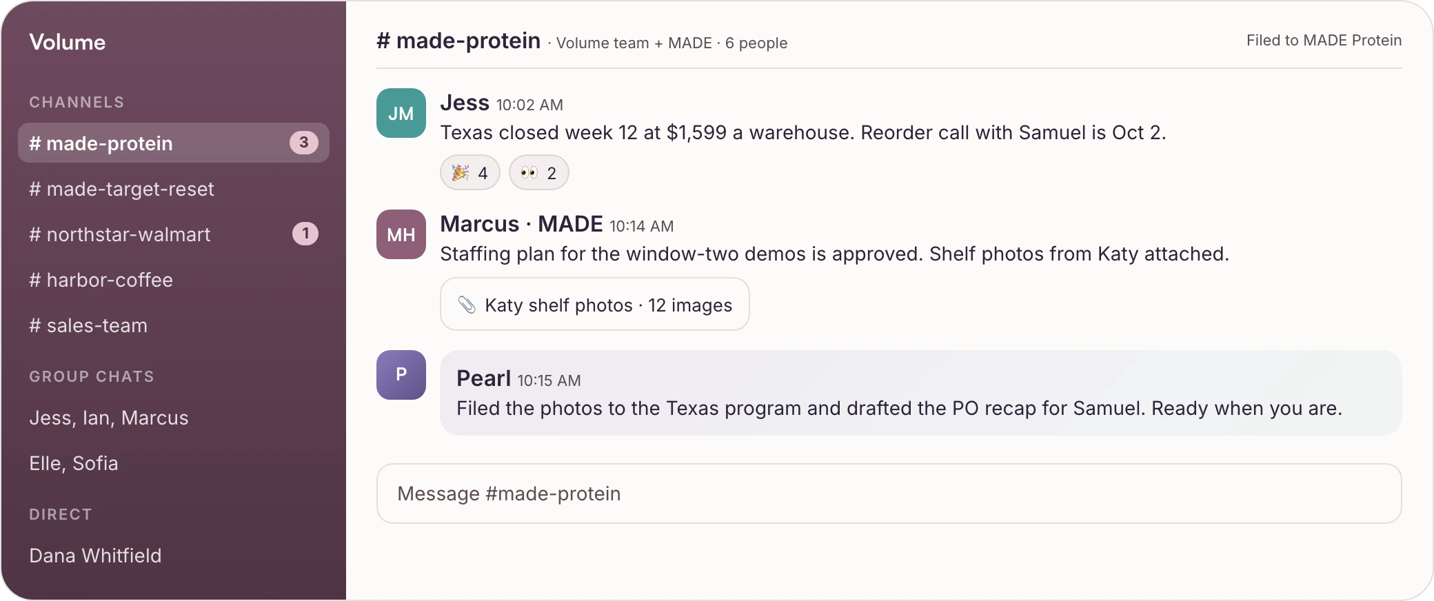 Dialed messaging: channels by brand and team, group chats and direct messages, with Pearl in the thread